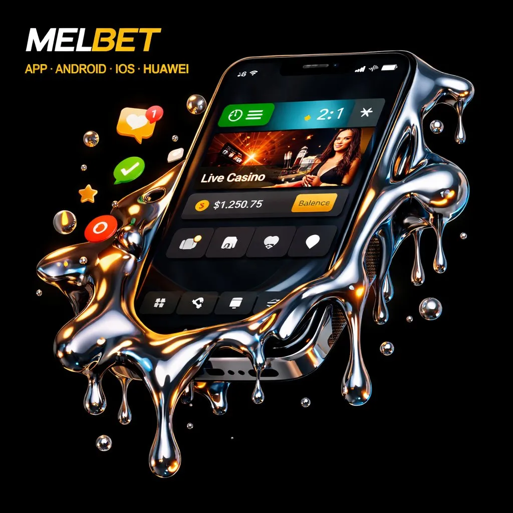 Melbet app movil smartphone dorado descarga fondo oscuro neon azul