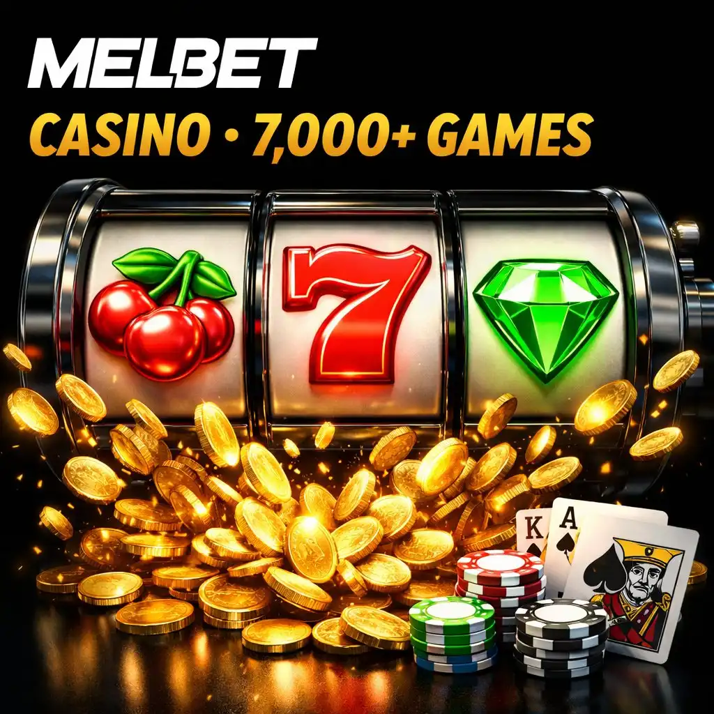 Melbet casino dice playing cards slot reel dark background