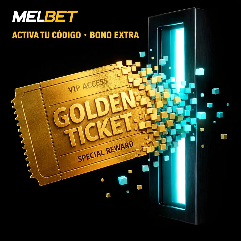 Melbet promo codigo dorado ticket cupón brillante fondo oscuro