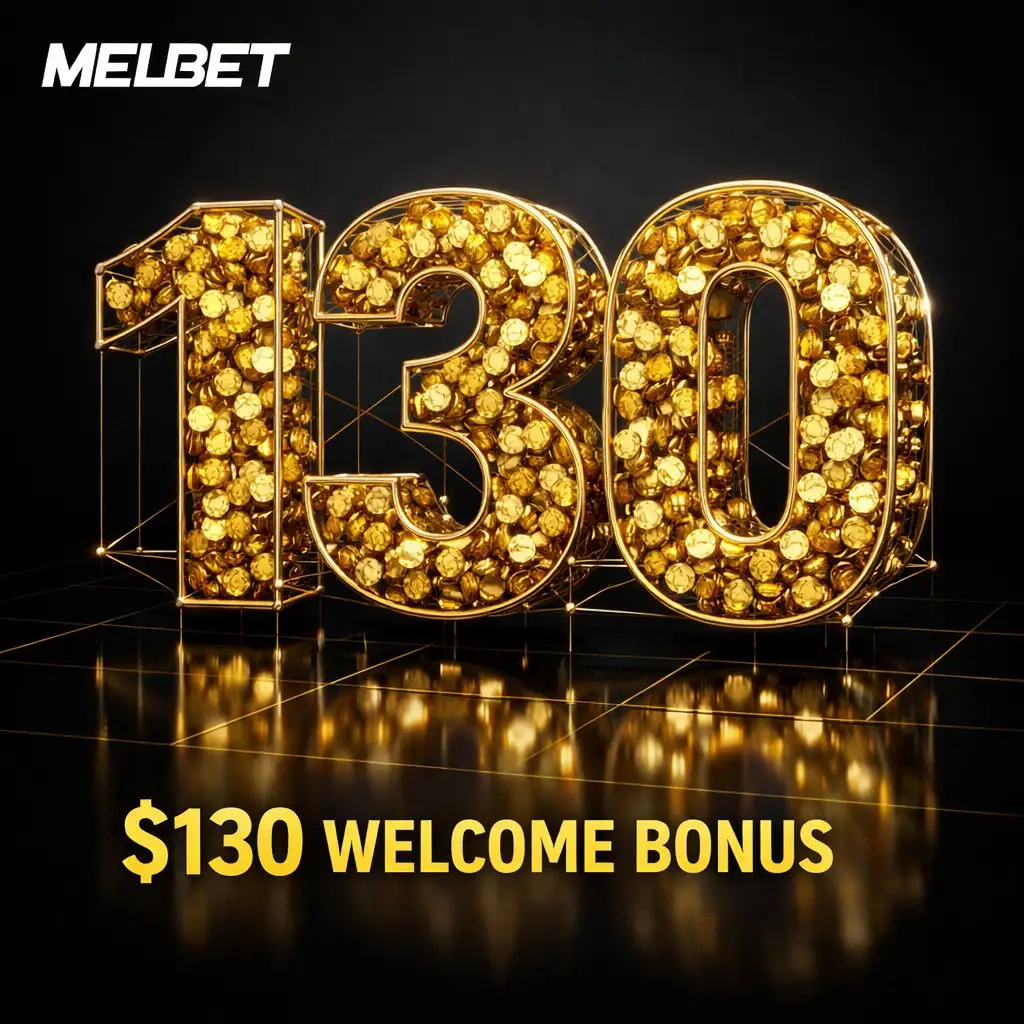 Melbet welcome bonus golden 130 numbers dark background